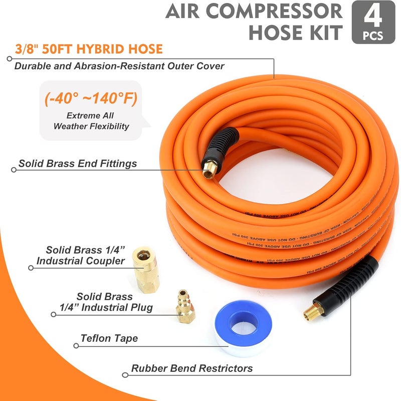 FYPower Air Compressor Hose 3/8 Inch x 50 Feet Hybrid Hose with Fittings, Flexible and Kink Resistant, 1/4" Industrial Quick Coupler and Plug Kit - Image 2